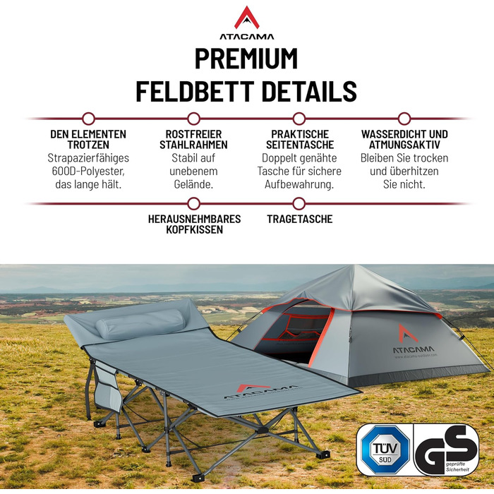 Ліжко похідне Atacama складане, ультралегке для кемпінгу та риболовлі, комфортне, портативне, розмір XXL 190x68x38 см