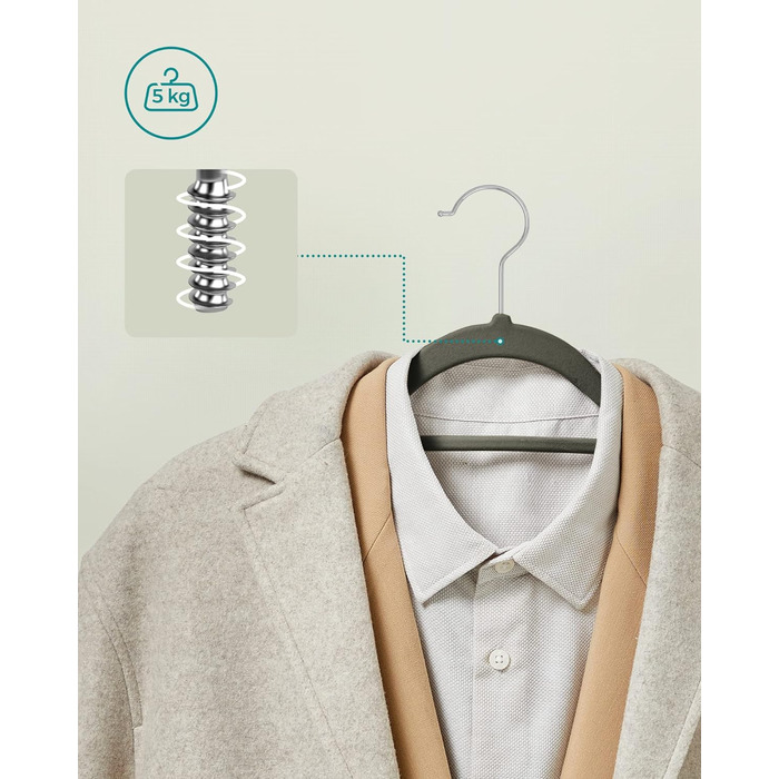 Плечики SONGMICS для одягу, 20 шт., велюрові, нековзні, для краваток, 360° обертання, 0,6 см, економія місця, 43,5 см, для пальто, штанів, срійно-сірий