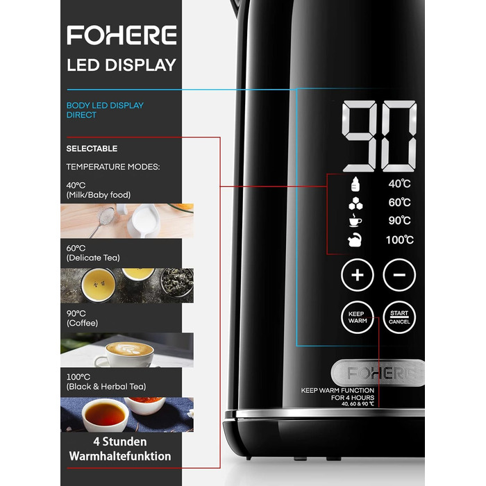 Електричний чайник FOHERE з регулюванням температури 1.7L, LCD дисплеєм (40°C - 100°C), чорний, з підігрівом до 240 хв, 2200W