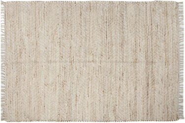 Homescapes Horizon Rug, handwoven from 100% hemp, 120 x 170 cm, patchwork rug with herringbone pattern and fringe, cream natural