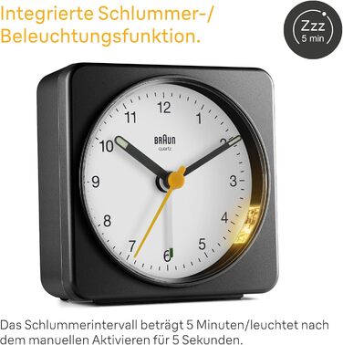 Braun Classic Analog Alarm Clock with Snooze Function and Light, Silent Quartz Movement, Crescendo Alarm, Black and White Model BC03BW.