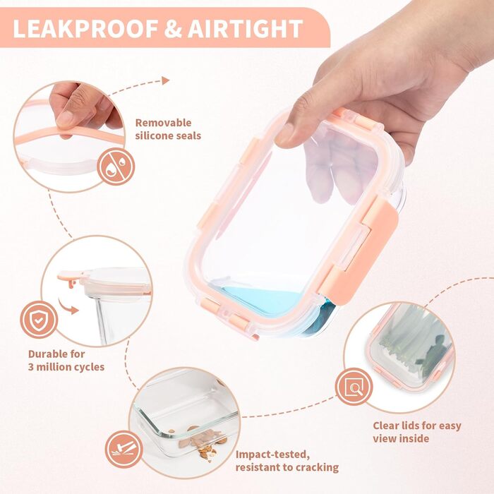 Набір контейнерів для зберігання їжі з боросилікатного скла з кришкою, BPA-free, не протікають, для мікрохвильової печі, духової шафи, посудомийної машини, для приготування їжі на тиждень (Meal Prep) – рожевий (SA1637)