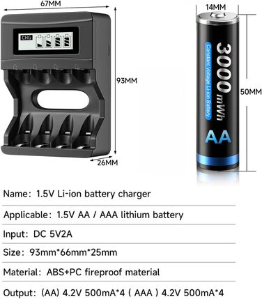 CITYORK Акумулятори AA Li-Ion, 4 шт., 1.5V, 3000mWh, з зарядним пристроєм Bay LCD Micro USB, швидка зарядка, захист від перевантаження