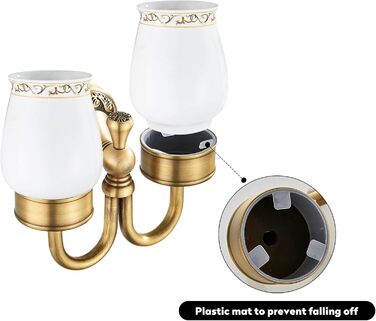 Home Antike Toothbrush Holder, Brass Tooth Cup Holder, Retro Classic Solid Copper Toothbrush Holder and Ceramic Glass Shape Double Toothbrush Holder