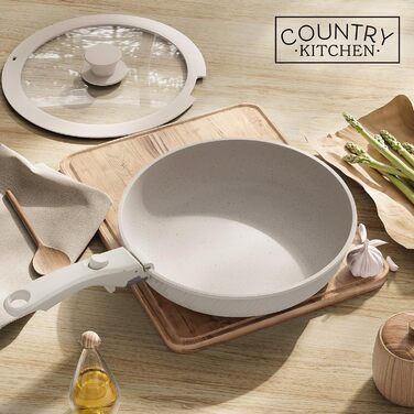 Набір посуду Country Kitchen 16 предметів з керамічним антипригарним покриттям, дерев'яні ручки, для дому та кемпінгу, придатний для духовки (кремовий ромб)