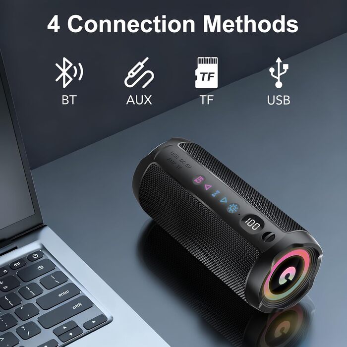 Портативна Bluetooth колонка COIOC з підсвіткою, 30W, IPX7, 30 годин, AUX, TF карта - Чорна