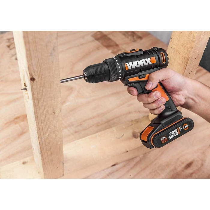 WORX WX101.9 Акумуляторний дриль-шурупокрут 20V – потужний інструмент для свердління та закручування шурупів – 2 швидкості та 15+1 ступенів регулювання крутного моменту – з LED-підсвічуванням (10 мм патрон, 30 Нм, з 2 акумуляторами та зарядним пристроєм)