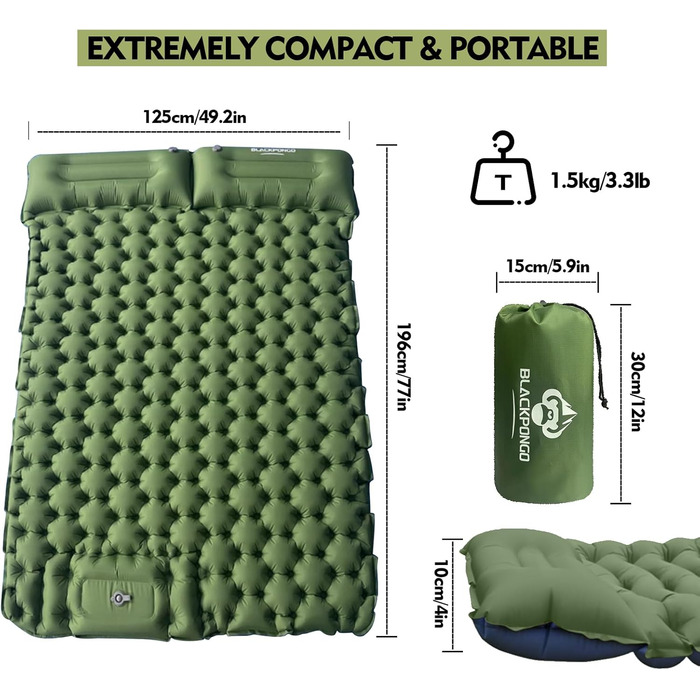 Ultralight Camping Sleeping Pad with Built-in Pillow & Foot Pump - Inflatable Air Mattress for Camping, Backpacking, Hiking, Travel & Tent Use (Gray, Double Size)