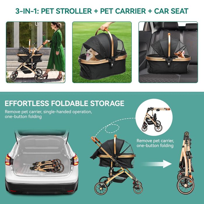YITAHOME 3-in-1 Dog Stroller & Cat Carrier - Folding Pet Buggy for Dogs up to 20kg - Black