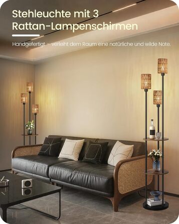 Стельова лампа для вітальні з полицею, 3-лампова торшер з етажеркою у стилі вінтаж, бохо торшер з дерева з вимикачем на ніжці, патрон E27, ретро-дизайн у кольорах коричневого та бежевого, ZEF53LDD05 (Ротанг, Чорний)