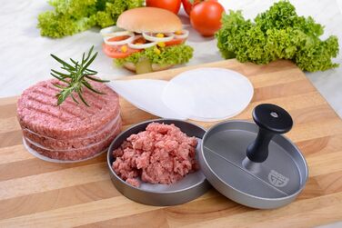 Пресс для бургерів Gräwe з 50 аркушами пергаментного паперу, комплект для приготування смачних гамбургерів, котлет та BBQ з алюмінію з антипригарним покриттям