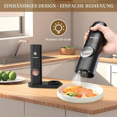 Haomacro Electric Salt and Pepper Grinder Set, Battery Operated, Electric Pepper Grinder Automatic Spice Grinder Salt Shaker with Base, LED Light, Adjustable in 5 Levels