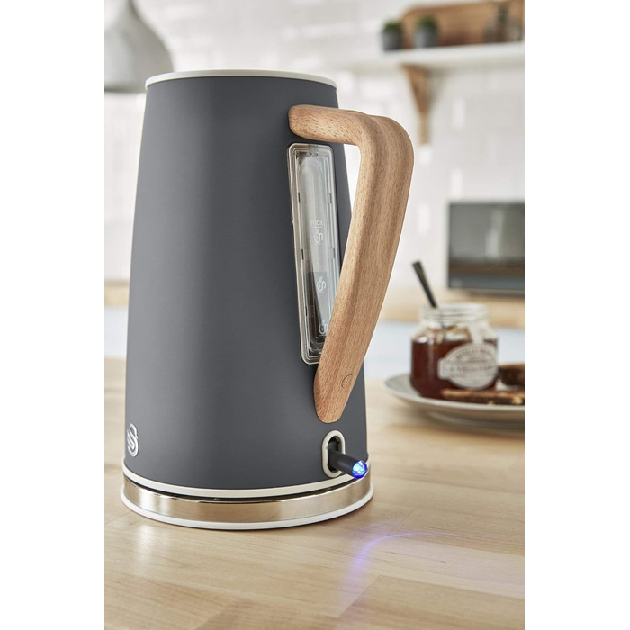 Swan Nordic Ultra Fast Electric Kettle - Wireless, Modern Design, 1.7L, 2200W, Wood-Look Handle, Auto Shutoff, White (Gray, Single)