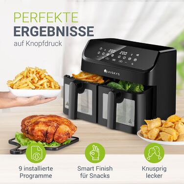 Juskys Air Fryer 9 L Double Chamber - XXL Fryer with 2 Baskets, 9 Programs, Smart Finish, Teflon-Coated