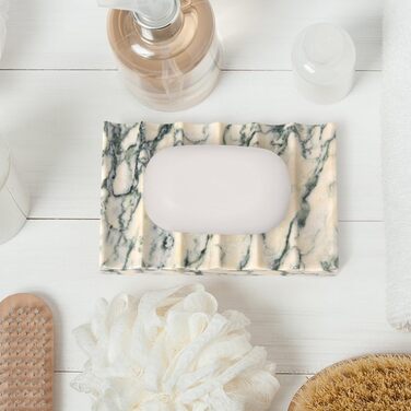 Склянка для мила з мармуру з отвором, зелена текстура. Прямокутна склянка для мила з хвилястою формою, самостійно спорожняється, для ванної кімнати, кухні. Підставка для мила та губки.