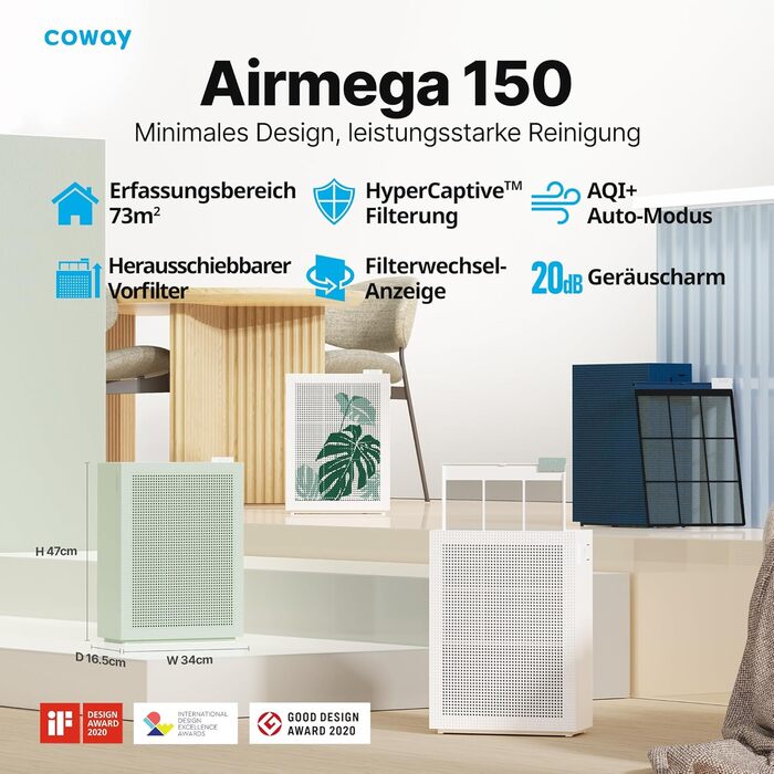 Повітряний очисник COWAY AIRMEGA 150: GreenHEPA™, 73 м², видаляє 99,999% частинок, віруси, бактерії, аерозолі, ECARF сертифікат, білий