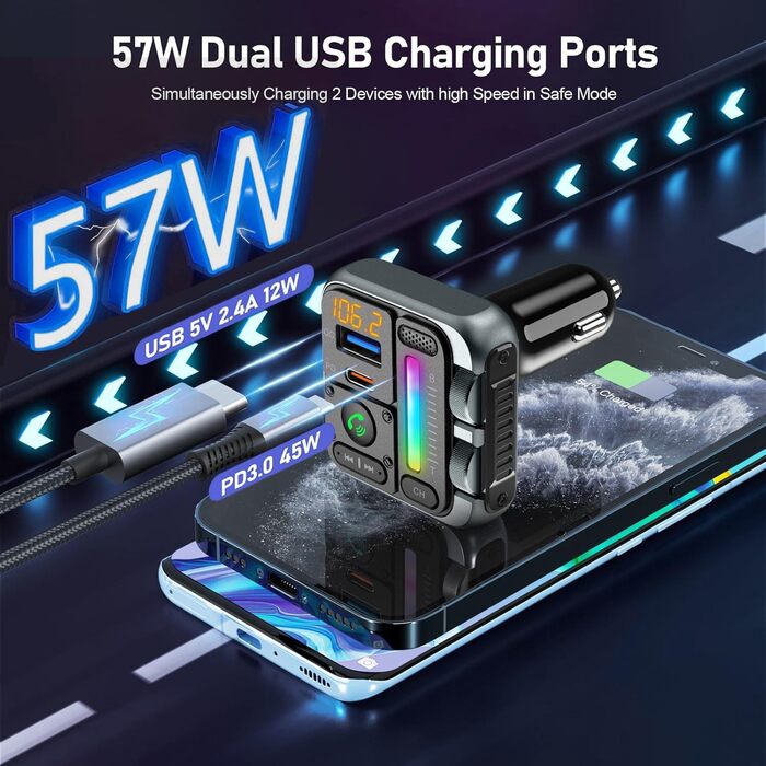 FM-трансмітер SOARUN для авто Bluetooth 5.3, адаптер для автомобіля з зарядкою 57W PD та USB, гучний зв'язок, програвач музики, бас, чистий звук, підтримка 64ГБ, зелений