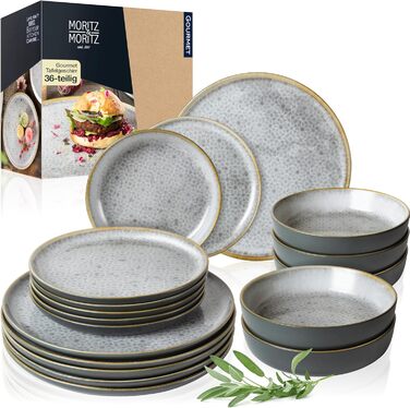 Moritz & Moritz TERRA 36-Piece Dinnerware Set - 12 Place Settings - Plate Set in Subtle Gray Made of High-Quality Porcelain - Dinnerware Set for 12 with 12 Dinner Plates, Dessert Plates, and Bowls Each - Gray 36-Piece Dinnerware Set