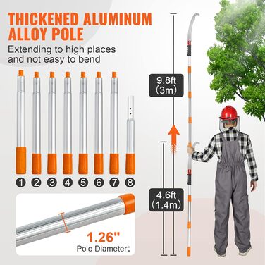 VEVOR Telescoping Tree Saw Manual Tree Saw 1.4-3m Adjustable High-Reach Pruner with 8 Poles Branch Shear Telescoping Blade Made of Carbon Steel Reach up to 298cm for Cutting Branches, Bushes, and Trunks