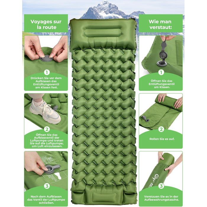Glymnis Isomatte Camping Air Mattress - 9cm Thick with Foot Pump & Pillow - Ultralight Outdoor Sleeping Pad for Camping, Hiking & Travel - Army Green