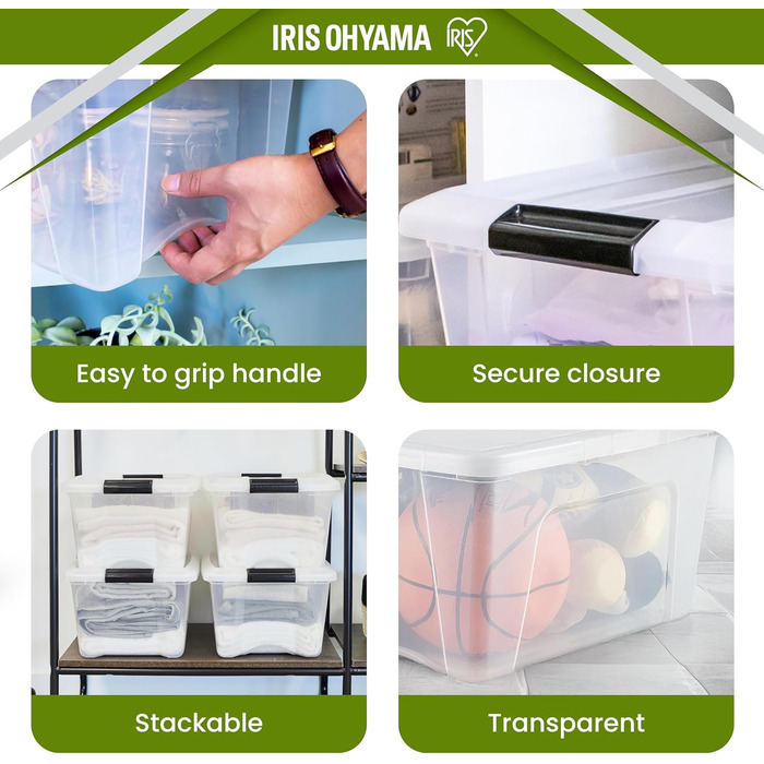 Iris Ohyama Storage Box with Lid, 6-Piece Set, Transparent, Snap Closures with Handles, Stackable, Strong & Durable, For Clothes, Garage, Home, Office, Plastic Box, Storage TB-45 (45L, x4)
