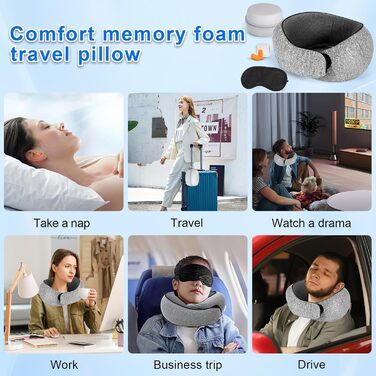 Подушка для шиї у літак з піною Memory Foam, регульована, компактна, з навушниками, маскою для сну та коробкою для зберігання