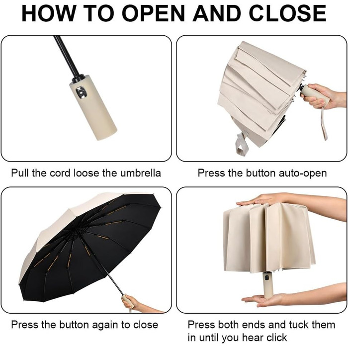 Вітростійкий автоматичний парасолька для подорожей, 12 ребер, для чоловіків та жінок (Бежевий)