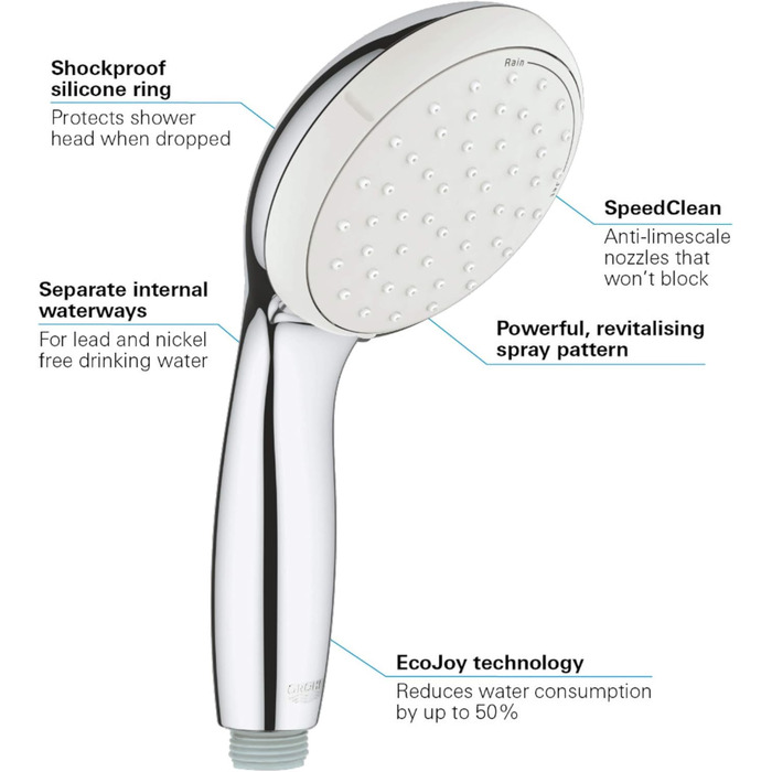 GROHE water-saving hand shower head, Tempesta 100 set including adjustable wall holder, EcoJoy, 2 spray patterns, 2779810E
