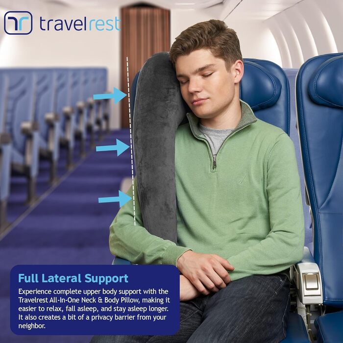 Travelrest® All-IN-ONE Premium Travel Pillow/Neck Pillow – washable plush cover with memory foam – ideal for airplanes, cars, trains, office naps (rolls up small)