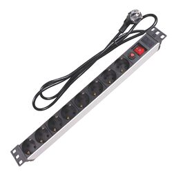 Блок розподілу живлення (PDU) Perel на 8 розеток Schuko Typ F з вимикачем та захистом від перенапруги, кабель 2.15м, 3680 Вт для 19-дюймової стійки, серверної шафи та офісу