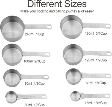 Measuring Cup and Spoon Set, 18/8 Stainless Steel - 8 Measuring Cups and 9 Measuring Spoons with Leveler and Measuring Equivalents, Kitchen and Baking Measuring Cups and Spoons 19-Piece Set