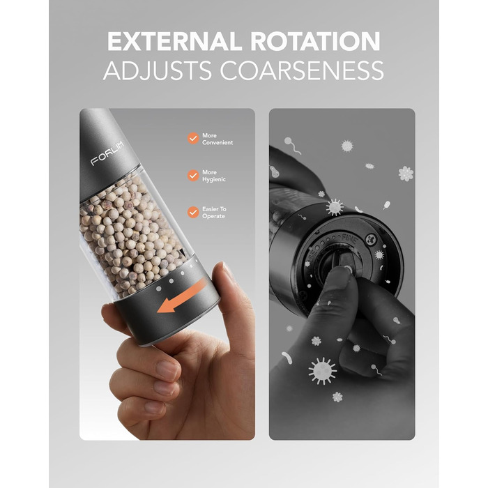 Електрична мельниця для солі та перцю FORLIM, USB-зарядка, регулювання помелу, 7 ступенів, 2 шт. (чорний+білий)