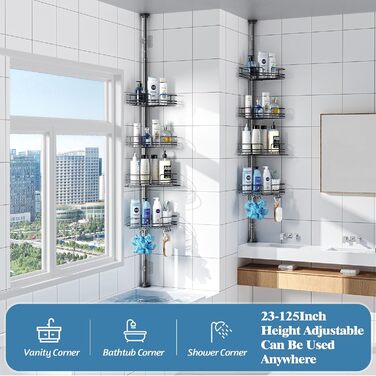 Телескопічна поличка для душу, регульована висота 58,5-317,5 см, чорна. Без свердління, для ванної кімнати