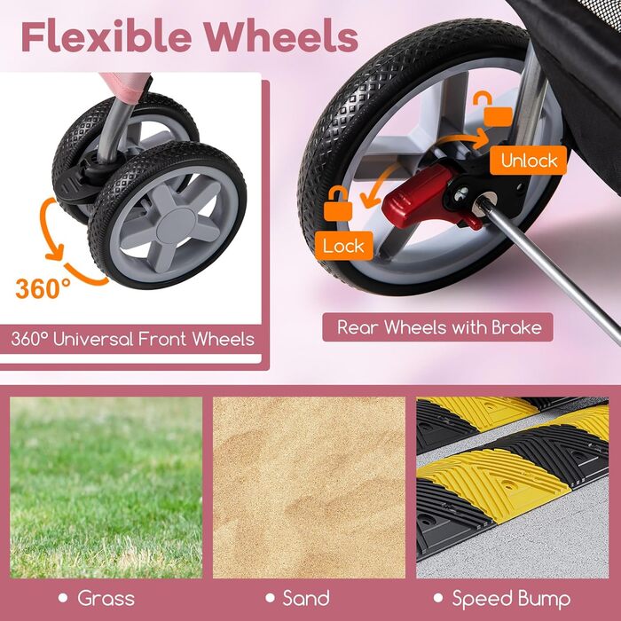 Собачий візок SOARS для тварин до 15 кг, розкладний, з сітковими віконцями, тримачем для напоїв та кошиком для зберігання, для маленьких тварин (Рожевий)