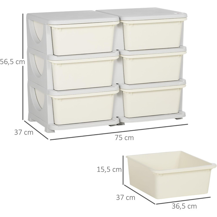 HOMCOM Kids' Chest of Drawers with Storage Boxes, Toy Organizer, Toy Box, Three Tiers for Kids' Rooms, 3-6 Years, Children's Furniture, 37 x 37 x 56.5 cm (75L x 37W x 56.5H cm, Cream White)