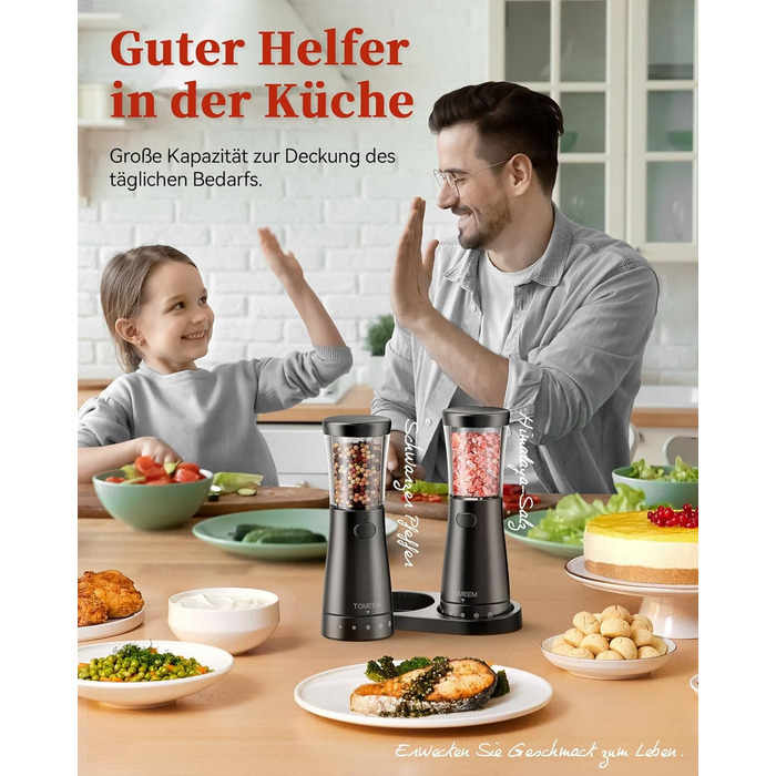 Електричні мельниці для солі та перцю 2 шт. з нержавіючої сталі, акумуляторні, з LED-підсвічуванням, регульоване керамічне подрібнення, щітка для чищення