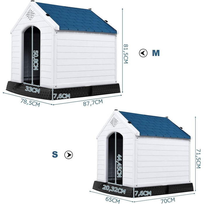 Будка для собак COSTWAY, пластикова хатинка для собак з піднятим дном та водонепроникним дахом, хатинка для домашніх тварин, для саду, приміщень та вулиці, блакитно-біла (70x65x71,5 см)