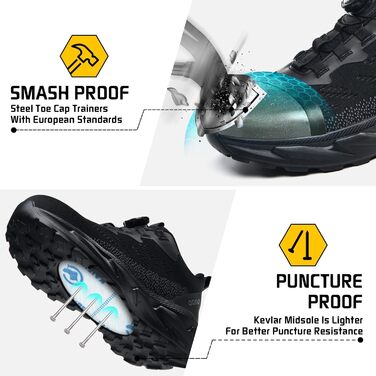 Черевики робочі чоловічі/жіночі, спортивні, дихаючі, анти-удари, зі сталевим підноском, шнурівка, швидка застібка, поворотний замок, 46 EU, чорні