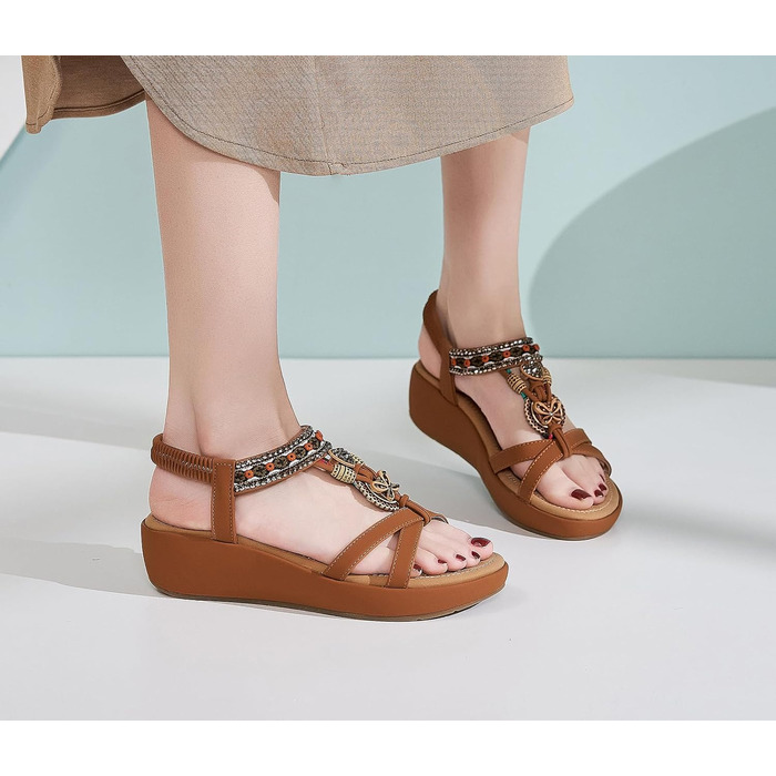 Босоніжки жіночі літні богемні на танкетці Keilsandalen, коричневі 42 EU, з камінням та перлами, 5 см