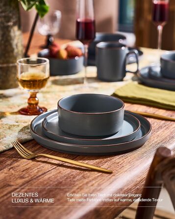 Набір посуду Mercury, 12 предметів: тарілки для 4 осіб (тарілки для їжі, десертні тарілки, миски для каші), з каменю, підходить для мікрохвильової печі та миття в посудомийній машині, колір: вугільно-сірий