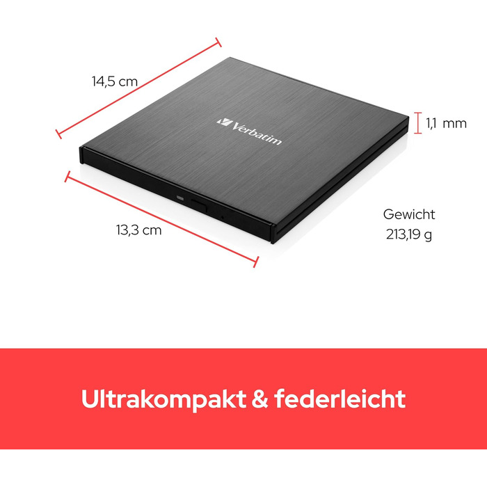 Зовнішній тонкий Blu-ray привід Verbatim Ultra HD 4K Slimline Writer з USB-C, підтримкою BDXL, M-Disc, DVD та CD, чорний