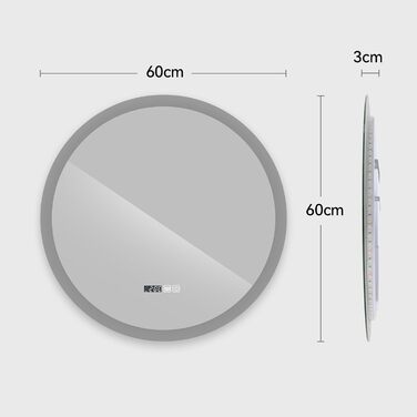 Дзеркало для ванної кімнати YOURLITE з підсвічуванням, діаметр 60 см, LED, сенсорне керування, 3 кольори світла, регулювання яскравості, антизапар, пам'ять, годинник, білий