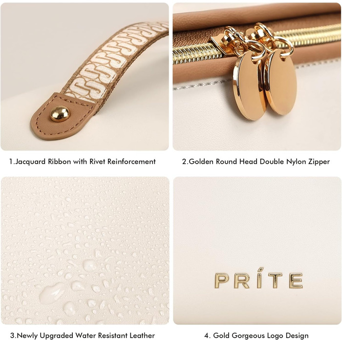 Косметичка велика містка для подорожей, водонепроникна з PU-шкіри, з прозорими перегородками та ручкою, бежева