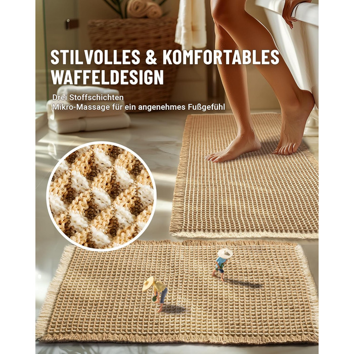 Boho Bathroom Rug Set - Non-Slip Bath Mats (2-Piece) - Washable Shower Rugs for Bathroom, Bedroom, Living Room - 51x120cm + 41x61cm (Brown & White)