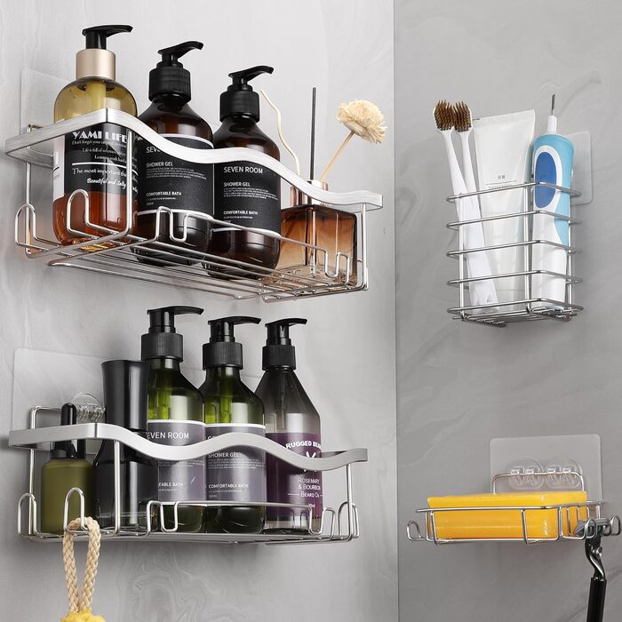 ALOCEO Shower Shelf - No Drilling Required, 4 Pack, Shower Rack with Soap Holder and Toothbrush Holder, Bathroom Shower Organizer, Silver