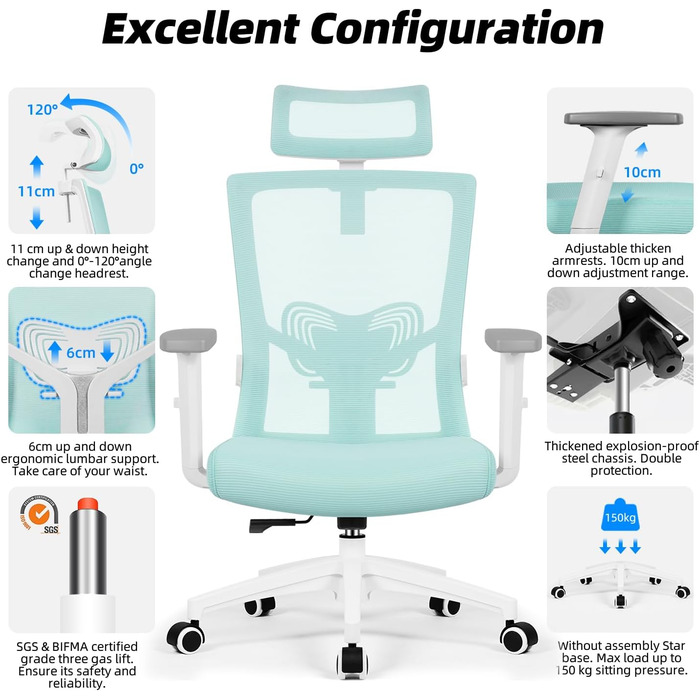 Ергономічне крісло Daccormax для офісу: регульована підголовник, підлокітники, підтримка попереку, поворотний механізм, функція гойдання, сітчасте крісло, турбота про спину, 150 кг (Турквіс)