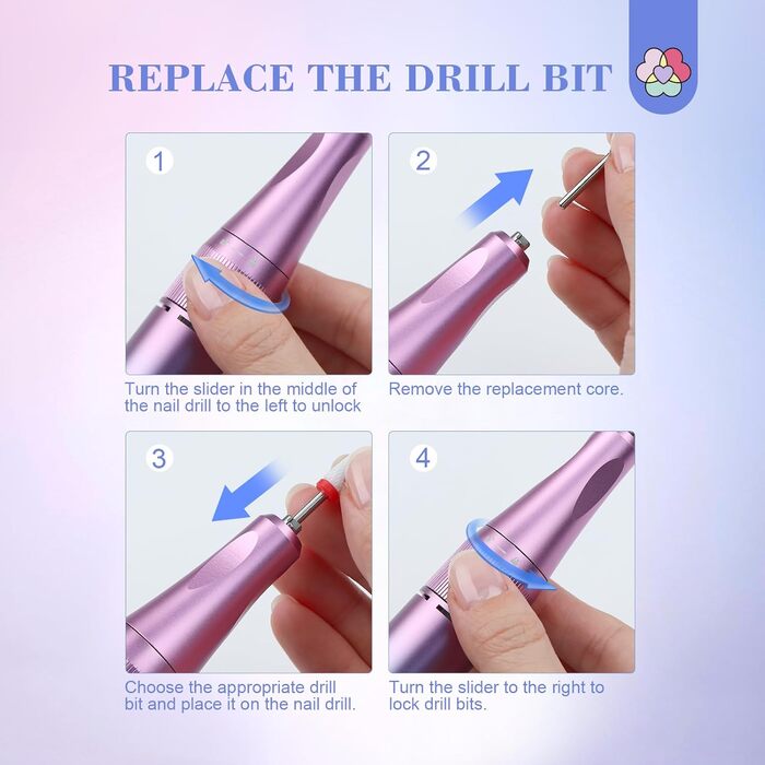 Електричний апарат для манікюру та педикюру Saviland 12 в 1, 40000 обертів/хв, USB, з набором фрез, блакитно-фіолетовий градієнт