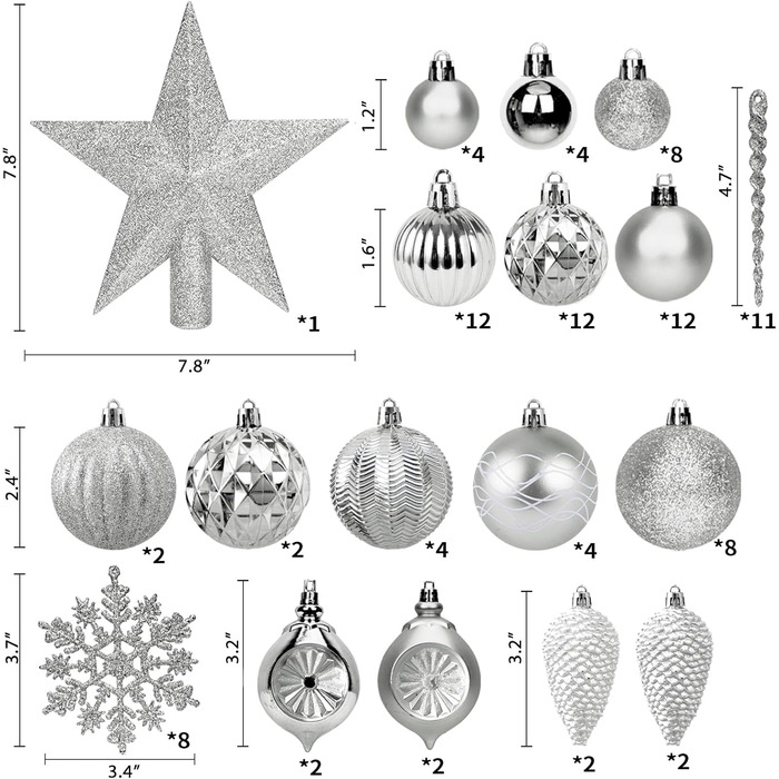 100 шт. прикраси для ялинки: кулі, верхівка, чорний набір, сріблястий, розбиваємий, для підвішування