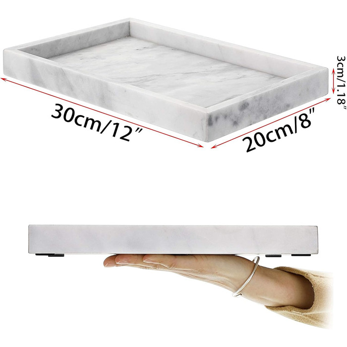 BSTKEY 30x20cm Natural Marble Stone Storage Tray, Decorative Rectangular Plate Tray Organizer for Kitchen Bathroom Dresser Decor Vanity Counter Coffee Table, Grey