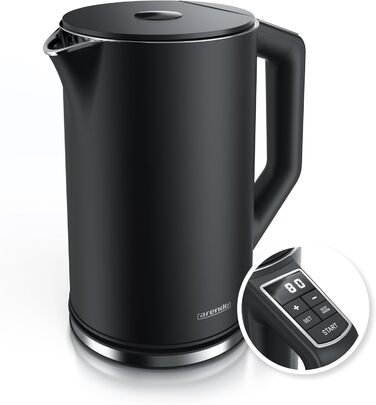 Arendo - Stainless Steel Kettle with Temperature Setting 40-100 Degrees in 5-Degree Increments - Double-Walled Design - Model ELEGANT - 1.5 Liter - 2200 W - Tea Kettle with Temperature Indicator - GS - Black